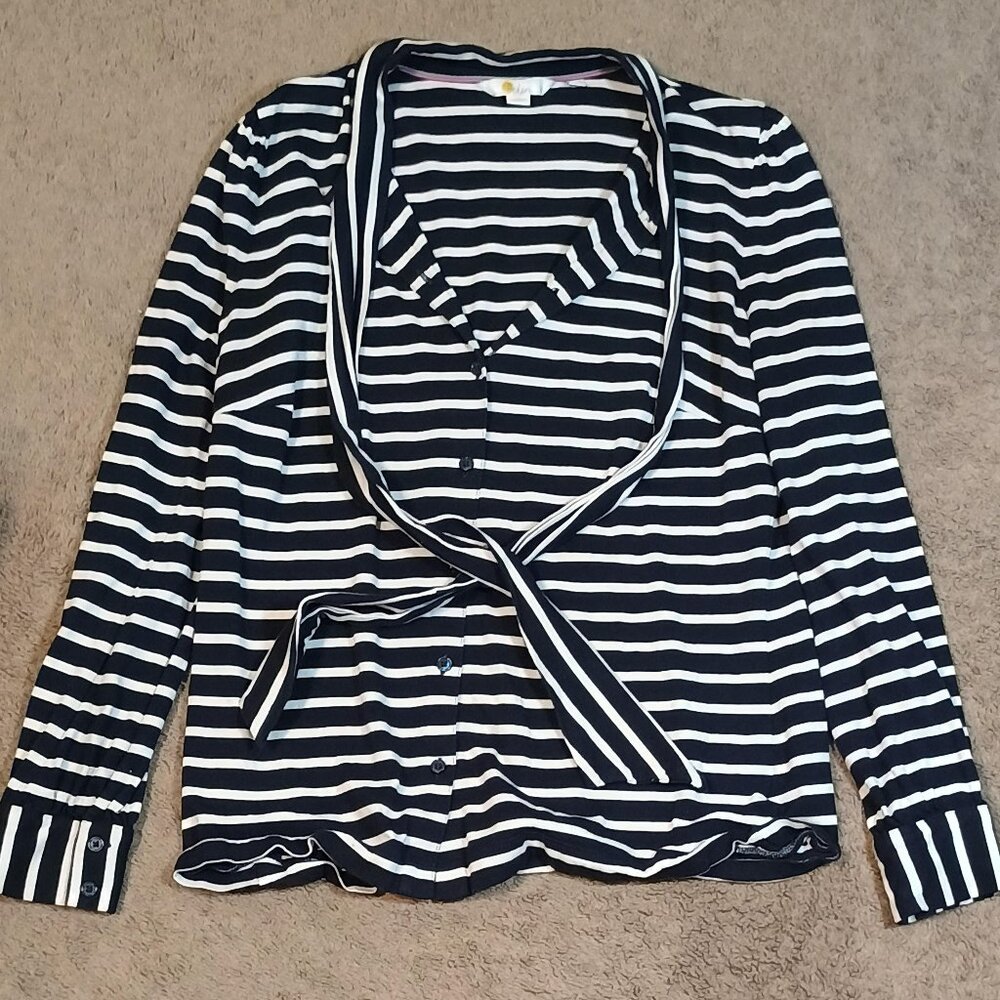 Boden Blouse Womens 12 Navy White Nautical Bow Tie Neck Button Up Preppy Coastal